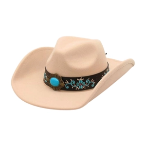 Classic beige western cowboy hat with turquoise gemstone band and teal floral embroidery