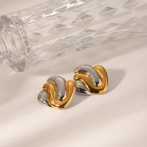 Geometric two-tone wavy stainless steel stud earrings with gold and silver metallic finish