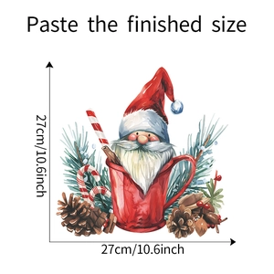 Watercolor Santa gnome wall sticker with mug and candy cane, dimensions 27cm x 27cm