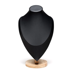 Detailed view of black matte necklace display bust with natural wooden base stand