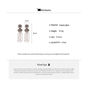 Detailed size specifications of long rose flower tassel earrings in copper and glass