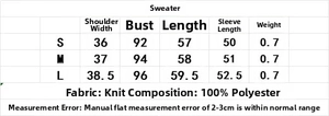 Detailed size chart for knitted skirted jacket in S, M, L with 100% polyester fabric info