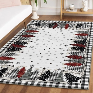 Christmas Area Rug Polyester Faux Cashmere Non Slip Stain Resistant Washable Festive Snowflake Pattern Home Decor