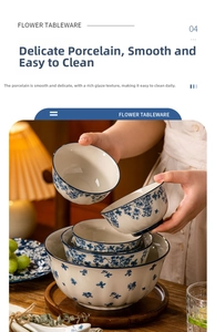 Detail of blue floral patterns on polished white ceramic bowls in a nested arrangement
