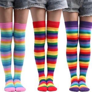 Vibrant rainbow striped over-the-knee socks available in three distinct color variations