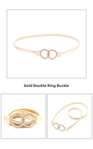 Detail of golden elastic waist belt featuring double ring buckle and retro bead edges