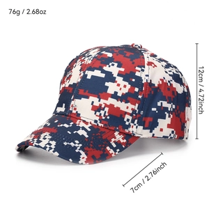 Digital camouflage baseball cap in red, blue and white with detailed size measurements