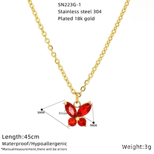 Titanium steel butterfly necklace in 18k gold plating with red zircon butterfly pendant