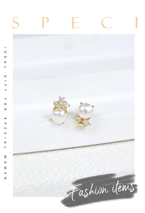 Detailed close-up of a pearl stud earring with zircon accents on white background