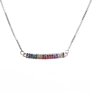 Minimalist silver necklace featuring a curved bar pendant with micro-set rainbow zircons