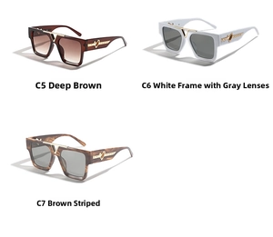 Close-up of square sunglasses featuring wide temples with V-metal and heart cutout details