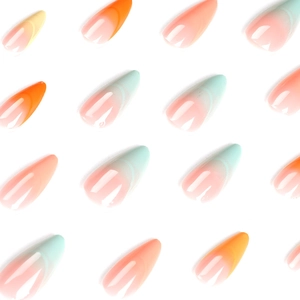 French gradient press-on nails in long almond shape with macaron glossy finish