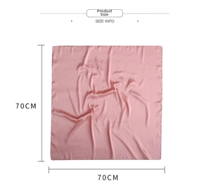 Detailed size info of pink satin square scarf showing 70cm measurements on white background