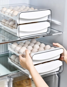 Double-layer stackable drawer egg storage container for refrigerator with clear plastic design