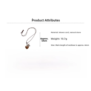Detailed size specifications for heart pendant necklace with woven rope and natural stone