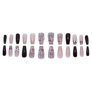 Coffin press-on nails set with tweed pattern, pearls and 3D white bow tie accents