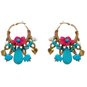 Bohemian large hoop earrings with turquoise beads, pink flowers and shell charms