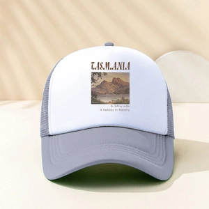Adjustable grey and white trucker hat featuring Tasmania mountain print and mesh back