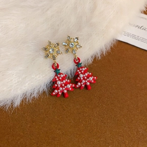 Christmas tree earrings with red enamel and white pearls featuring gold snowflake studs