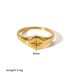 Minimalist gold plated stainless steel star signet ring with 8mm width and 3.6g weight