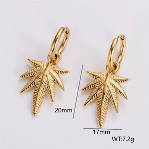 Golden maple leaf stainless steel hoop earrings with 20mm height and 17mm width detail