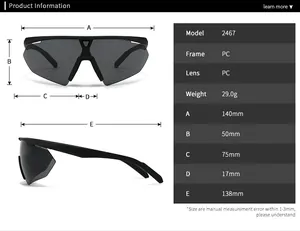 Detailed size specifications for pilot sunglasses model 2467 with frame dimensions