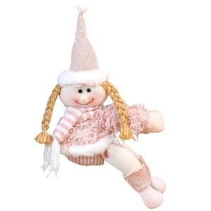 Pink and white plush Christmas elf doll curtain tieback with knitted hat for holiday decor