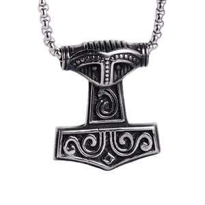 Nordic Viking Mjolnir pendant in vintage silver stainless steel with bead chain