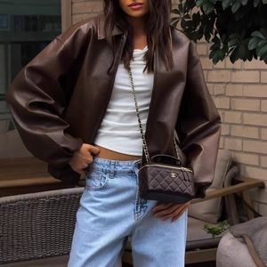 Oversized dark brown faux leather jacket with lapel and drop shoulders for women