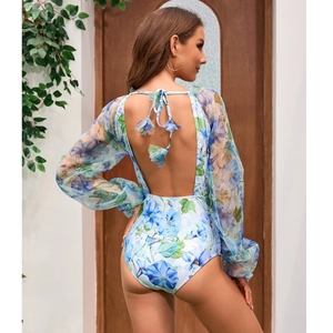 Floral V-neck long sleeve one-piece swimsuit with open back and bow tie detail