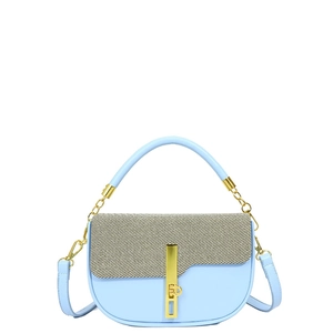 Light blue box bag with straw texture lid, gold chain strap and metal clasp on white background