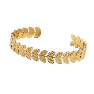 Brazalete abierto de hoja en acero inoxidable chapado en oro de 18K con diseño ajustable