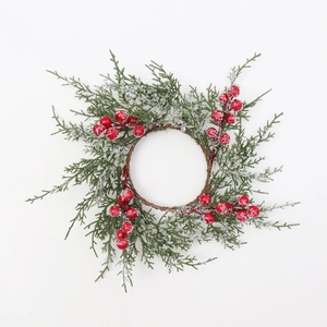 Christmas Candle Ring Flocked Pine Red Berry Wreath Artificial Snow Winter Table Decor Ornament