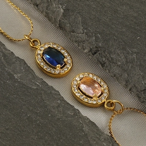 Gold-plated 18K double-layered necklace with oval zircon gemstones and halo rhinestones