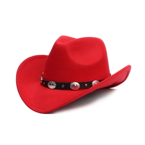 Close-up of red wool cowboy hat featuring black leather band and silver metal rivets