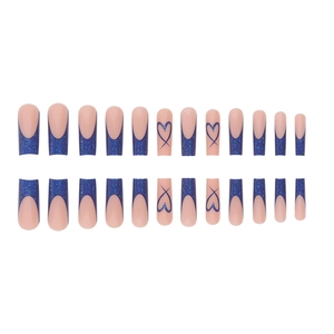 Blue glitter heart pattern and French tips on long coffin press-on nails set