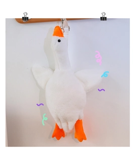 Detailed view of plush goose bag with soft white faux fur and orange beak accents