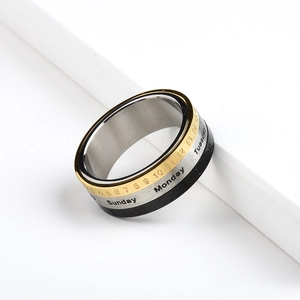 Rotating stainless steel spinner ring with Roman numerals and calendar calendar design