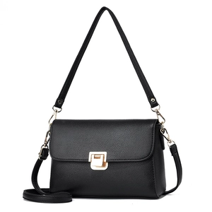 Classic black litchi leather crossbody bag with gold hardware from a 45-degree angle