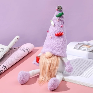 Cute purple Christmas gnome plush doll with candy decorations on a soft pastel background
