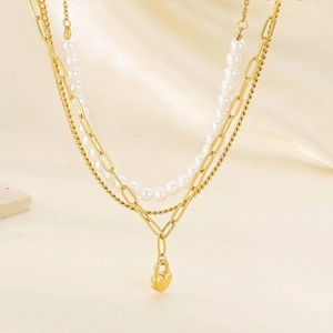 Multi Layer Stainless Steel Necklace With Heart Lock Pendant And Plastic Artificial Pearls Paperclip Chain Fashion Jewelry For Women