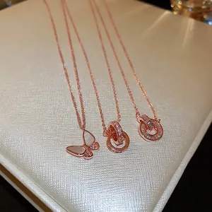 Butterfly Mother Of Artificial Pearl Necklace Rose Gold Plated Alloy With Zircon Interlocking Double Ring Clavicle Chain For Women