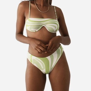 Women's two-piece bikini set with green abstract marble print and underwire top