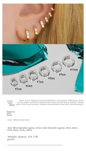 Size comparison chart for S925 silver hoop earrings in gold and white gold finishes