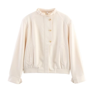 Chic beige buttoned jacket with stand collar and asymmetric fastening for women