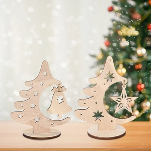 Exquisite wooden Christmas tree table ornaments with star cutouts and festive pendants