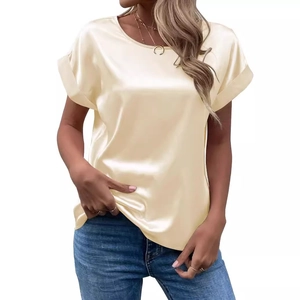 Elegant champagne satin short sleeve crew neck blouse for women with rolled cuffs