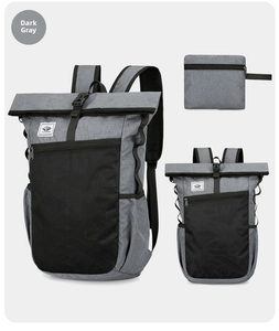 Front, side and compact folded views of a dark gray waterproof travel backpack