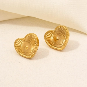 Vintage 304 stainless steel gold heart earrings with textured finish and beaded edges