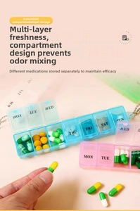 Macro shot of 7-day pill organizer with translucent compartments and day labels